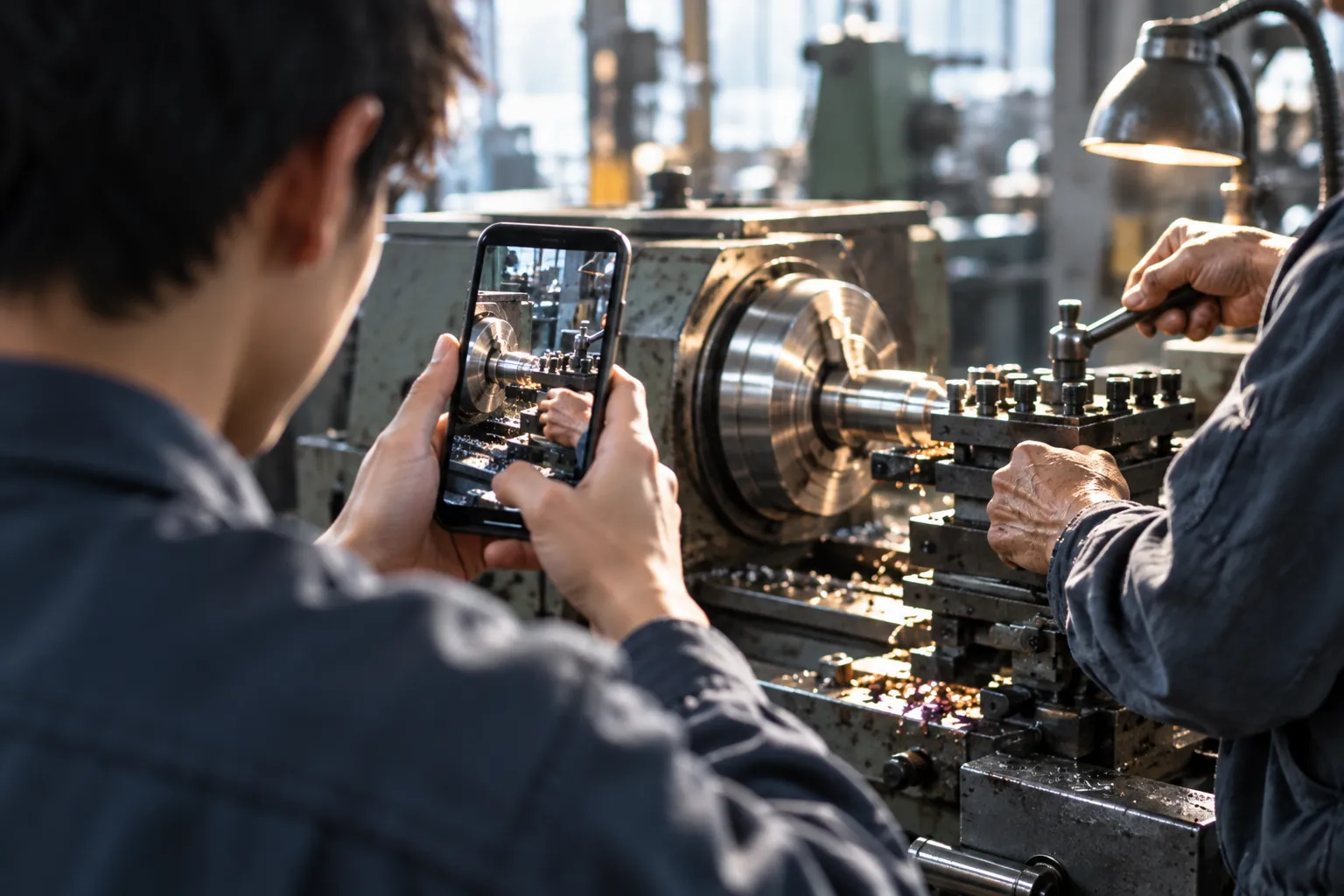 スマートフォンで職人の作業を撮影している様子