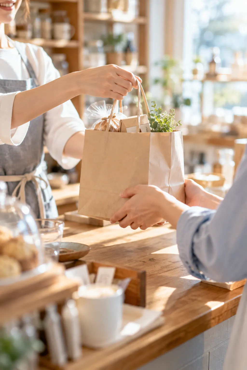 お店のスタッフがお客さまに商品を手渡している様子